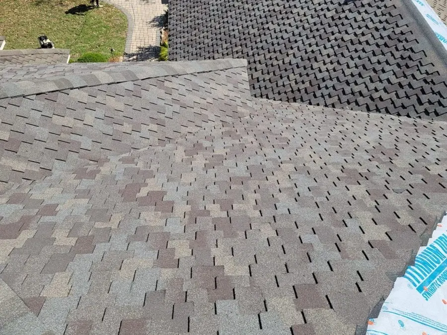 Close-up of new shingles at a hip and valley